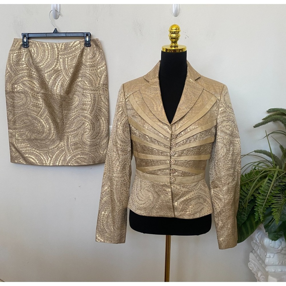 New Kay Unger Women's Beige Gold Floral 2 Piece Skirt Suit Size 10, $350